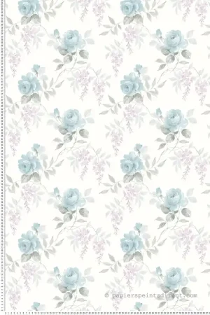 Papier peint Roses Feuillages bleu - Alice et Rose de Lutèce Réf. LTC-VI81902 Authentique