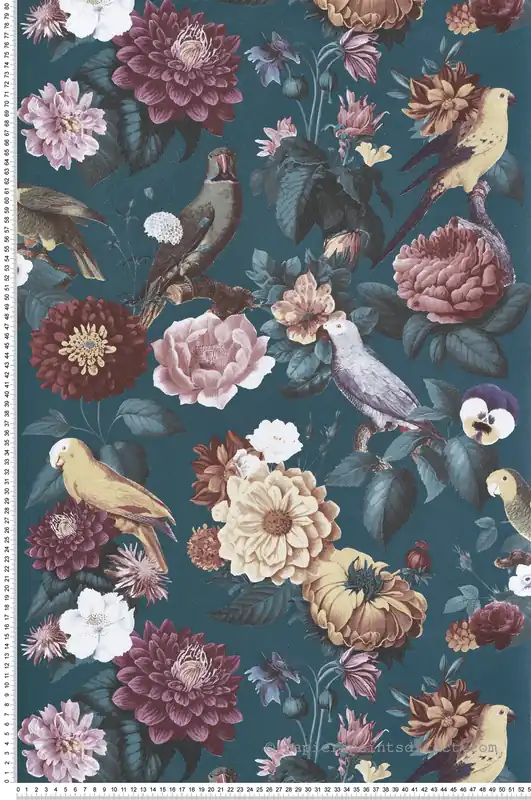 Papier peint Perroquet Fleurs bleu canard irisé - Maison Paradis de Lutèce Réf. LTC-MP15547 Meilleure Vente