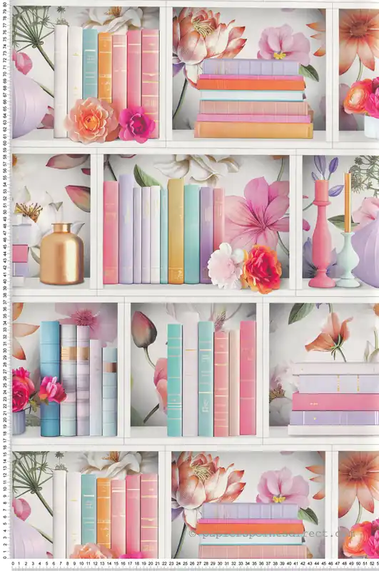 Réduction Papier Peint Bibliothèque Étagère Florale multicouleurs - Illusion d‘Ugépa Réf. UGP-M89010