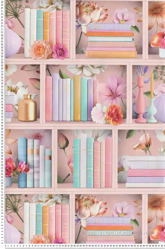 Papier Peint Bibliothèque Étagère Florale rose - Illusion d‘Ugépa Réf. UGP-M89003 Vente Directe