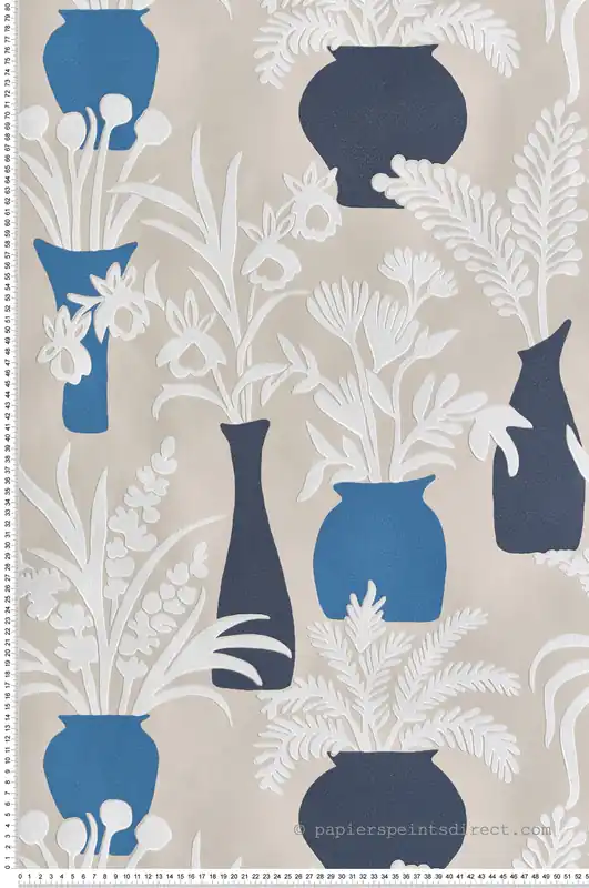 Top Vente Papier peint Pot de Fleurs Amphora Velours Flock bleu beige - Irisa d‘Osborne & Little Réf. OSB-W7854-04