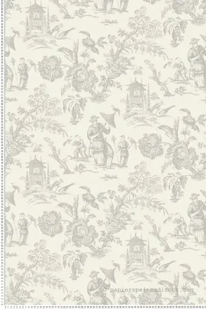 Meilleure Vente Papier peint Toile de Jouy Chinoiserie gris clair écru - French Country d‘Initiales Réf. INI-FC61808