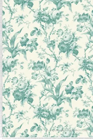 Papier peint Rose Rameau Florale vert opaline écru - French Country d‘Initiales Réf. INI-FC61214 Meilleure Vente