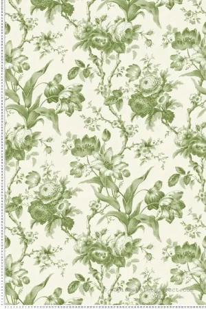 Papier peint Rose Rameau Florale vert olive écru - French Country d‘Initiales Réf. INI-FC61204 Usine Directe