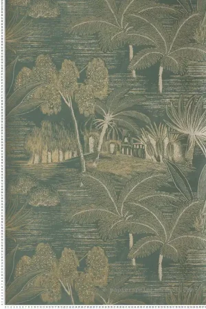 Produit De Marque Papier peint Temple Palmier Baharia vert doré - Bord Du Nil de Casamance Réf. CAS-76141120