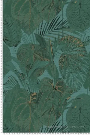 Promotion Saisonnière Papier peint Feuilles Palmes Colosia vert paon doré - Famous Garden d‘A.S. Création Réf. AS-393553