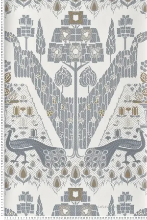 Papier peint Paon Nature Graphique Topiary gris beige - V&A Decorative Papers d‘Initiales Réf. INI-31117201 Usine Directe