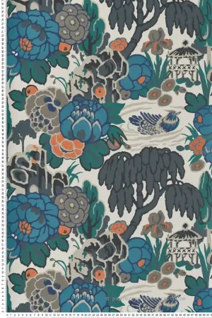 Marque Papier peint Jardin Aquatique Mandarin bleu orange beige - V&A Decorative Papers d‘Initiales Réf. INI-31116903
