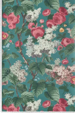 Achetez Aujourd'hui Papier peint Fleur Vintage Floribunda vert canard rose - V&A Decorative Papers d‘Initiales Réf. INI-31116803
