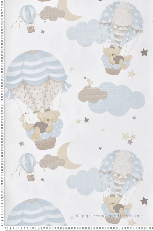 Quantité Limitée Papier peint Ourson Montgolfière bleu ciel - Babyland 2 de Lutèce Réf. LTC-14816
