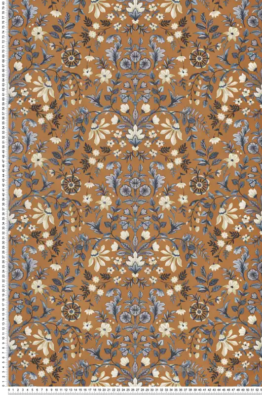 Promotion Saisonnière Papier peint Médaillon Fleuri camel bleu beige - My Little Cottage de Montecolino Réf. MC-M12327