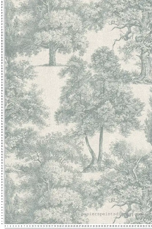 Quantité Limitée Papier peint Forêt Toile De Jouy vert bleuté grège - Séjours & Chambres de Lutèce Réf. LTC-11220504