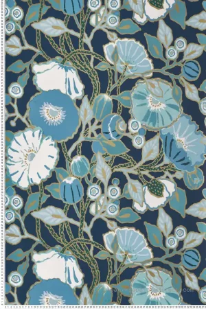 Papier peint Coquelicot Vintage bleu doré - Greenhouse de York (Initiales) Réf. INI-GO8312 Promotion Saisonnière