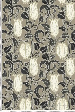 Papier peint Fleur Cloche Canterbury noir taupe doré - Arts & Crafts d‘Initiales Réf. INI-AC9206 Produit De Marque