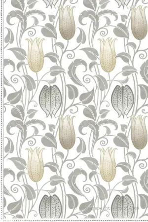 Papier peint Fleur Cloche Canterbury gris argenté doré - Arts & Crafts d‘Initiales Réf. INI-AC9204 Meilleure Vente