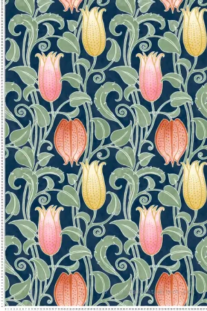Papier peint Fleur Cloche Canterbury bleu nuit - Arts & Crafts d‘Initiales Réf. INI-AC9203 Nouvelle Collection