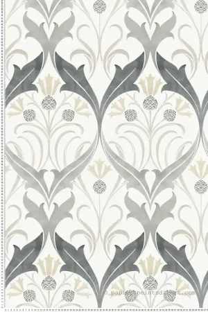 Papier peint Médaillon Pomme de Pin anthracite argenté - Arts & Crafts d‘Initiales Réf. INI-AC9174 Expédition Rapide