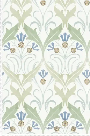 Livraison Express Papier peint Médaillon Pomme de Pin vert bleu doré - Arts & Crafts d‘Initiales Réf. INI-AC9173