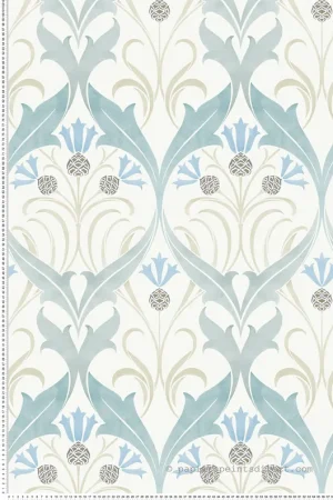Offre Exclusive Papier peint Médaillon Pomme de Pin bleu vert doux - Arts & Crafts d‘Initiales Réf. INI-AC9171