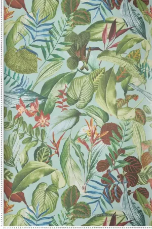 Papier peint Feuillage Tropical Kiribati bleu clair irisé - Moorea de Montecolino Réf. MC-26741 Vente Flash