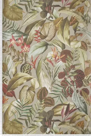 Papier peint Feuillage Tropical Kiribati taupe et irisé - Moorea de Montecolino Réf. MC-26738 Jusqu'à Épuisement Des Stocks