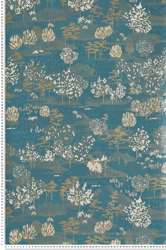 Papier peint Arbre Jardin d‘Olinda bleu canard doré - Nos Gravures de Casélio Réf. NGR103046244 Prix Cassé