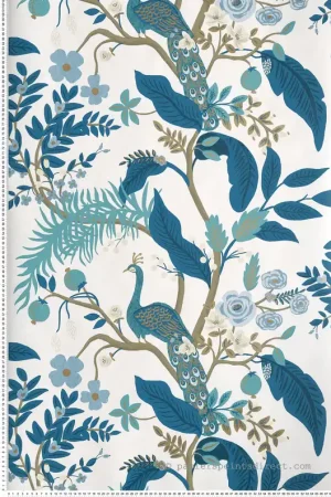 Super Prix Papier peint Nature Peacock blanc/bleu - Rifle Paper Co. d‘Initiales Réf. INI-RI5173