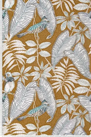 Remise Papier peint Oiseau ethnique Sibia moutarde - Orphée de Casamance Réf. CAS-74752454