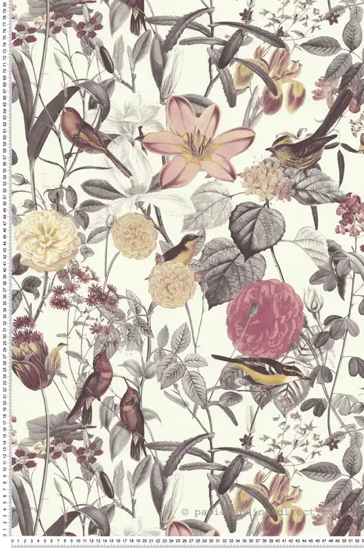 Retour Gratuit Papier peint Fleurs Oiseaux vintage rose/jaune/gris - Fragrance de Lutèce Réf. LTC-51193603