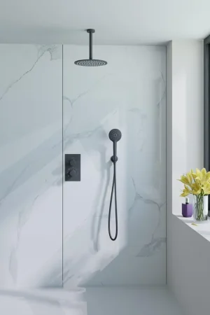 Acheter En Ligne Fortifura Calvi Ensemble de douche pluie encastrable - thermostatique - bras plafond - pommeau 25cm - douchette ronde - Noir mat
