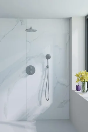 Usine Directe Fortifura Calvi Ensemble de douche à encastrer - rond - thermostatique - bras mural - douche principale de 25 cm - douchette ronde - flexible lisse - Acier inoxydable brossé PVD (inox)