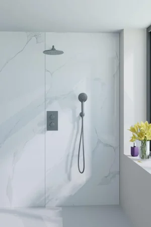 Acheter Direct Fortifura Calvi Ensemble de douche à encastrer - thermostatique - bras mural - douche principale de 30 cm - douchette ronde - flexible de douche en métal - Gunmetal PVD brossé