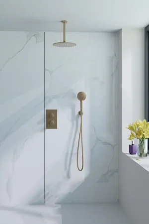 Affaire À Saisir Fortifura Calvi Ensemble de douche pluie encastrable - thermostatique - bras plafond - pommeau 25cm - douchette ronde - flexible lisse - Laiton brossé (doré)