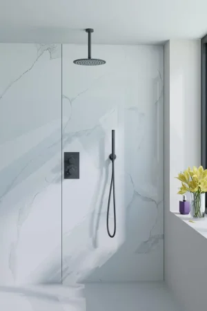 Affaire À Saisir Fortifura Calvi Ensemble de douche de pluie encastré - thermostatique - bras de plafond - douche de tête 25cm - douchette barre - flexible de douche métallique - Gunmetal brossé PVD