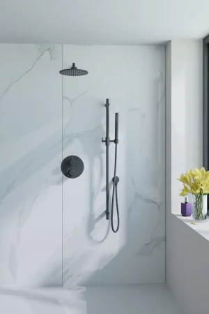 Affaire À Saisir Fortifura Calvi Ensemble de douche à encastrer - rond - thermostatique - bras mural - glissière - douche principale de 25 cm - douchette à main - flexible de douche en métal - noir mat
