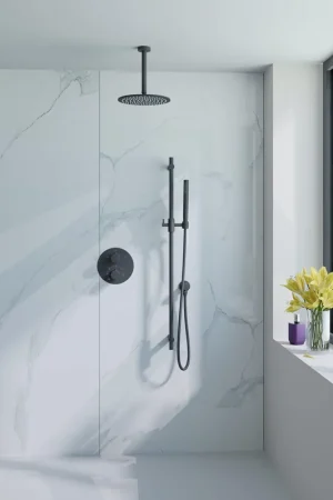 Vente Directe Fortifura Calvi Colonne de douche pluie - encastrable - ronde - thermostatique - bras plafond - barre curseur - pomme 25cm - douchette stick - noir mat