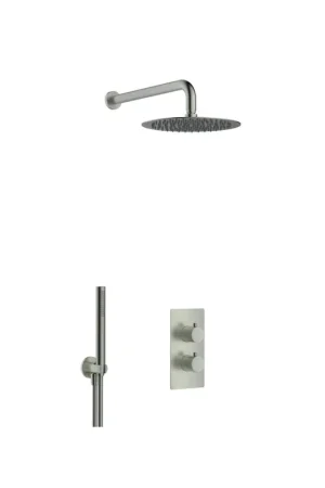 Acheter Direct Fortifura Calvi Ensemble de douche pluie encastrable - thermostatique - bras mural - pommeau 25cm - douchette stick - flexible en métal - Gunmetal