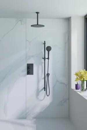 Achat Immédiat Fortifura Calvi Ensemble de douche à encastrer - thermostatique - bras plafond - glissière - douche principale de 30 cm - douchette ronde - flexible de douche lisse - noir mat