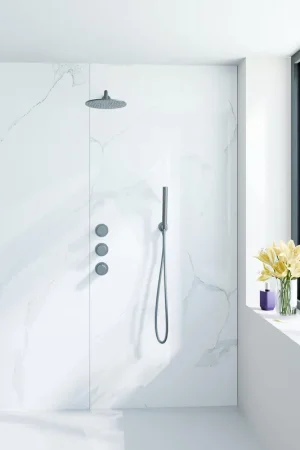 Vente Directe Fortifura Nebbio Ensemble de douche pluie - mitigeur encastré - élément encastré - coude mural de raccordement - flexible de douche lisse - douchette à main sur barre - bras mural 35cm - pomme de tête ronde - finition PVD gunmetal brossé