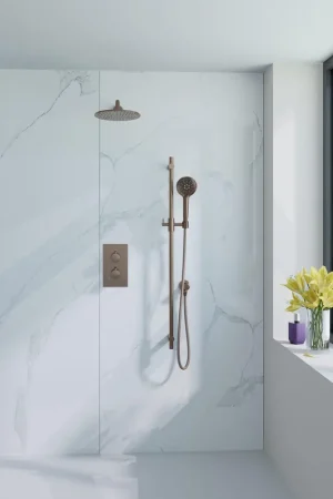 Affaire À Saisir Fortifura Calvi Ensemble de douche à encastrer - thermostatique - bras mural - glissière - douche principale de 30 cm - douchette ronde - flexible de douche lisse - Cuivre brossé PVD (Cuivre)