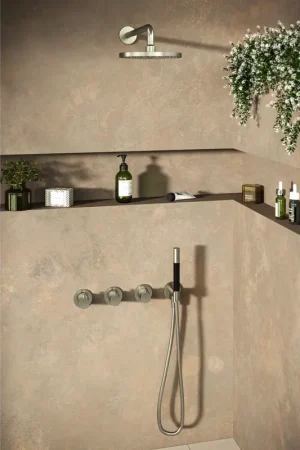 Achat Immédiat Hotbath Cobber IBS70 Ensemble de douche de tête encastré - bras mural 38,5 cm - douche de tête ronde 20 cm - douchette à main bâton - nickel brossé