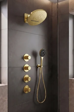 Uniforma Douche de pluie - 2 positions - cascade - avec partie encastrée - 32cm - douchette à main - support - or brossé Commande En Gros