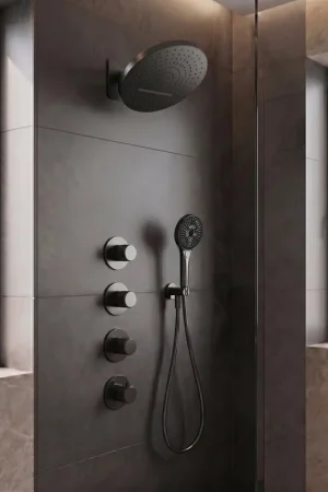 Uniforma Douche de pluie - 2 positions - cascade - avec corps encastré - 32cm - douchette à main - support - noir mat Dernier Modèle