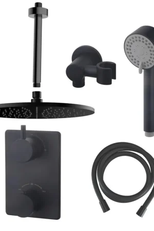 Wiesbaden Caral ensemble de douche encastré rond avec douche de tête 30 cm bras plafond 3 positions douchette main noir mat Commande En Gros