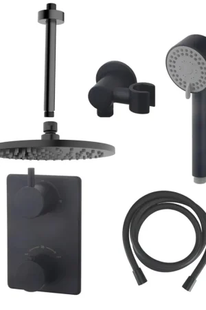 Wiesbaden Caral ensemble de douche encastré rond avec pomme de tête 20 cm bras plafond 3 positions douchette main mat noir Must-Have