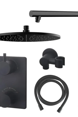 Wiesbaden Caral Ensemble de douche encastré rond avec douche de tête 30 cm bras mural douchette barre noir mat Meilleur Choix