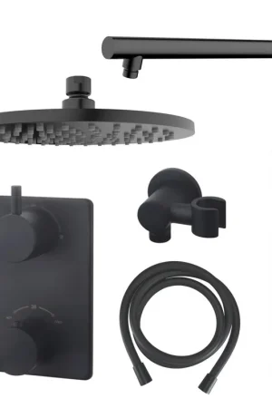 Wiesbaden Caral Ensemble de douche encastré rond avec douche de tête 20 cm bras mural douchette noire mate Dernier Modèle