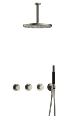Achat Immédiat Hotbath Cobber IBS70 Ensemble de douche de pluie encastré - bras de plafond 15 cm - pomme de douche ronde 30 cm - douchette à main stick - nickel brossé