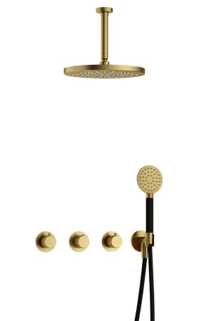 Acheter En Ligne Hotbath Cobber X IBSX70 Ensemble de douche de pluie encastré - douche de tête 30cm - bras de plafond 15cm - douchette ronde 3 jets - laiton brossé - PVD
