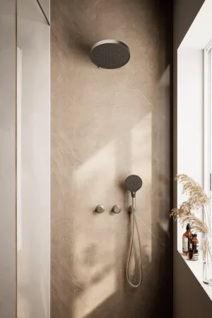 Top Vente Hotbath ACE Ensemble de douche pluie - robinet encastré - thermostatique - pomme de douche 30cm - douchette à main - nickel brossé